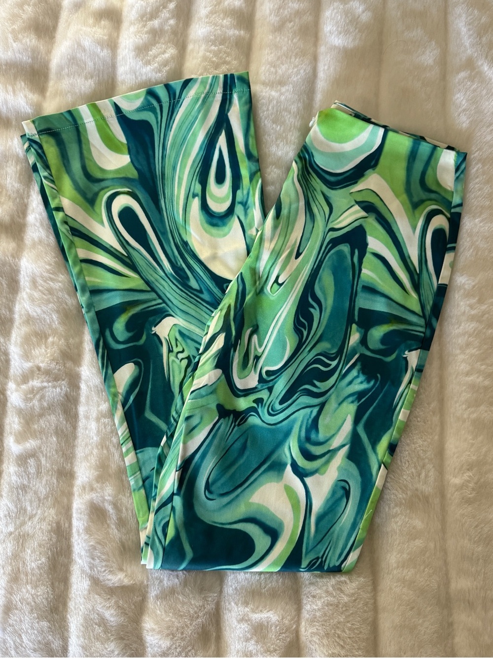 Shop Rumored High Waisted Bellbottom Pants Green Blue Marbled